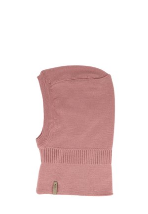 Weiche rosa gestrickte Balaklava mit geripptem Rand und kleinem beigem Stofflabel an der unteren Seite, entworfen, um Kopf und Nacken zu bedecken.