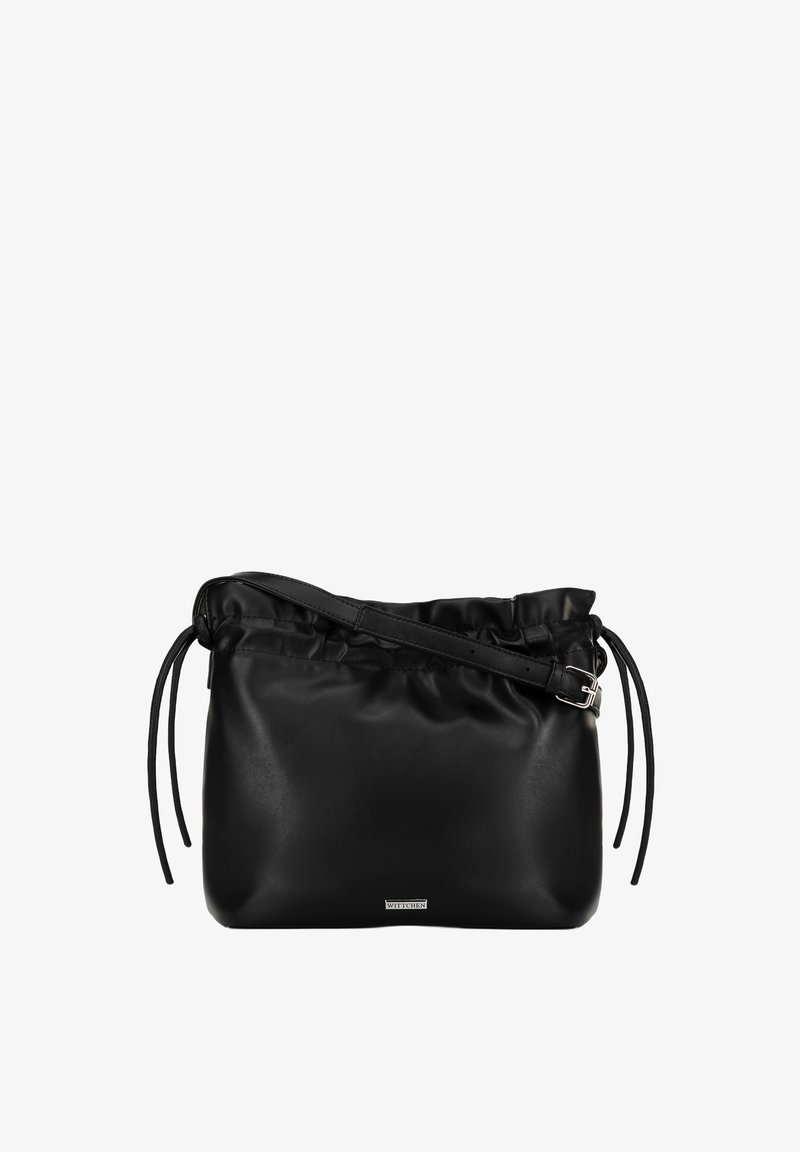 Borsa a tracolla in pelle nera con parte superiore arricciata, tracolla regolabile e lacci con coulisse. Presenta un piccolo logo sulla parte anteriore, texture liscia.