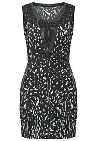 Robe noire sans manches avec imprimé animalier abstrait blanc, bordure en satin en forme de V, et panneau transparent au niveau du décolleté.