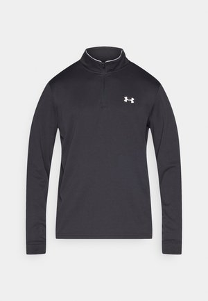 Black long-sleeve pullover with a quarter-zip collar, made from smooth fabric. Features a small white logo on the left chest.