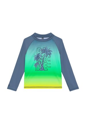 Maglietta da nuoto a maniche lunghe per bambini con maniche blu e corpo sfumato dal verde al giallo, con testo "Paradise Summer" e grafica di palme.