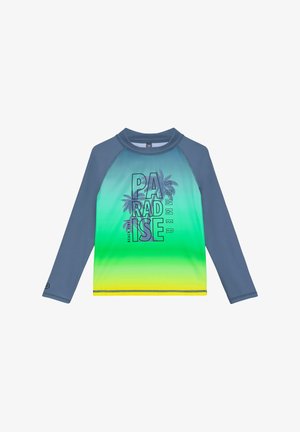 T-shirt de bain à manches longues pour enfants avec manches bleues et un corps en dégradé du vert au jaune, avec le texte "Paradise Summer" et des graphismes de palmiers.