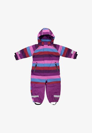 Lila, rot, rosa und blau gestreifter Schneeanzug mit Kapuze, Reißverschlüssen an den Taschen, elastischen Bündchen und reflektierenden Akzenten. Wasserdichtes Material.