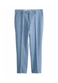 Pantalones azul claro hechos de tela texturizada con un corte entallado, que cuentan con bolsillos frontales y un cierre de un solo botón.