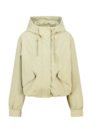 Beige cropped jack met capuchon, getailleerde taille, twee steekzakken aan de voorkant en elastische manchetten. Waterafstotend materiaal met een gladde textuur.