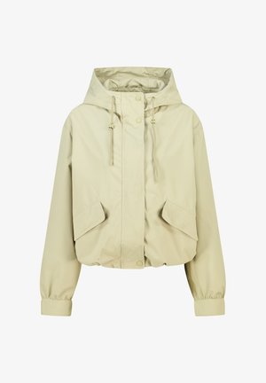 Beige cropped jack met capuchon, getailleerde taille, twee steekzakken aan de voorkant en elastische manchetten. Waterafstotend materiaal met een gladde textuur.