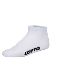 Calzino bianco alla caviglia con polsino a costine, caratterizzato da un logo "LOTTO" nero sul lato. Realizzato in tessuto leggero e morbido, adatto per lo sport.