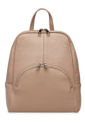 Light pink leather backpack with a textured finish, two zip compartments, and a top handle. The design features a curved front panel.