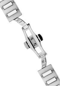 Zilveren roestvrijstalen horloge met een gladde, gepolijste band met rechthoekige schakels en witte keramische accenten, met een gedetailleerde sluiting.