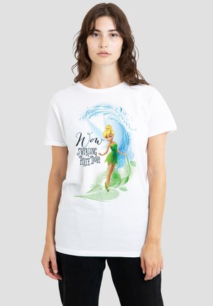 White cotton t-shirt featuring a colorful Tinkerbell graphic with green leaf accents and the text "Wow Swirling Pixie Dust" in black.