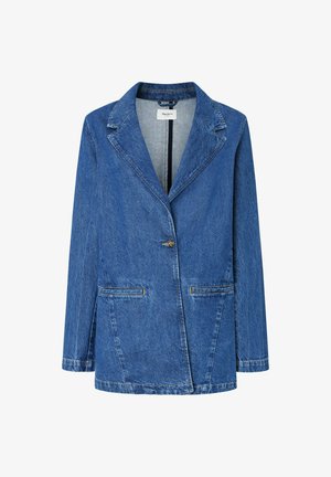 Blå denimblazer med klassisk krage, enknap stängning och två framfickor. Sliten textur och något lös passform.