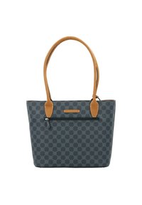Gray patterned tote bag with brown leather handles, zippered exterior pocket, and a structured shape. Durable material and functional design.