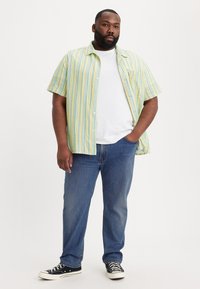 Camisa de manga corta con rayas verdes, amarillas y azules; cierre de botones en el frente; combinada con jeans azules y zapatillas negras.