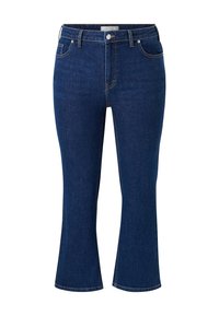Donkerblauwe denim jeans met een strakke taille en een uitlopende zoom. Bevat een klassiek vijf-pocket ontwerp en contrasterende stiksels langs de naden.