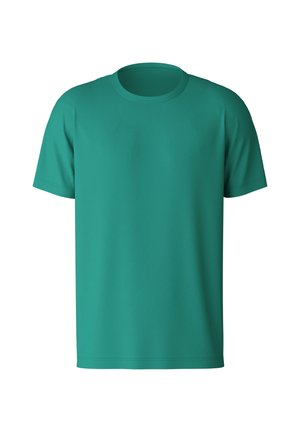 Teal korte mouwen t-shirt met een ronde hals, gemaakt van gladde stof, met een eenvoudig, onverfraaid ontwerp.
