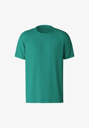 T-shirt teal à manches courtes avec un col rond, fabriqué en tissu lisse, présentant un design simple et sans embellissement.