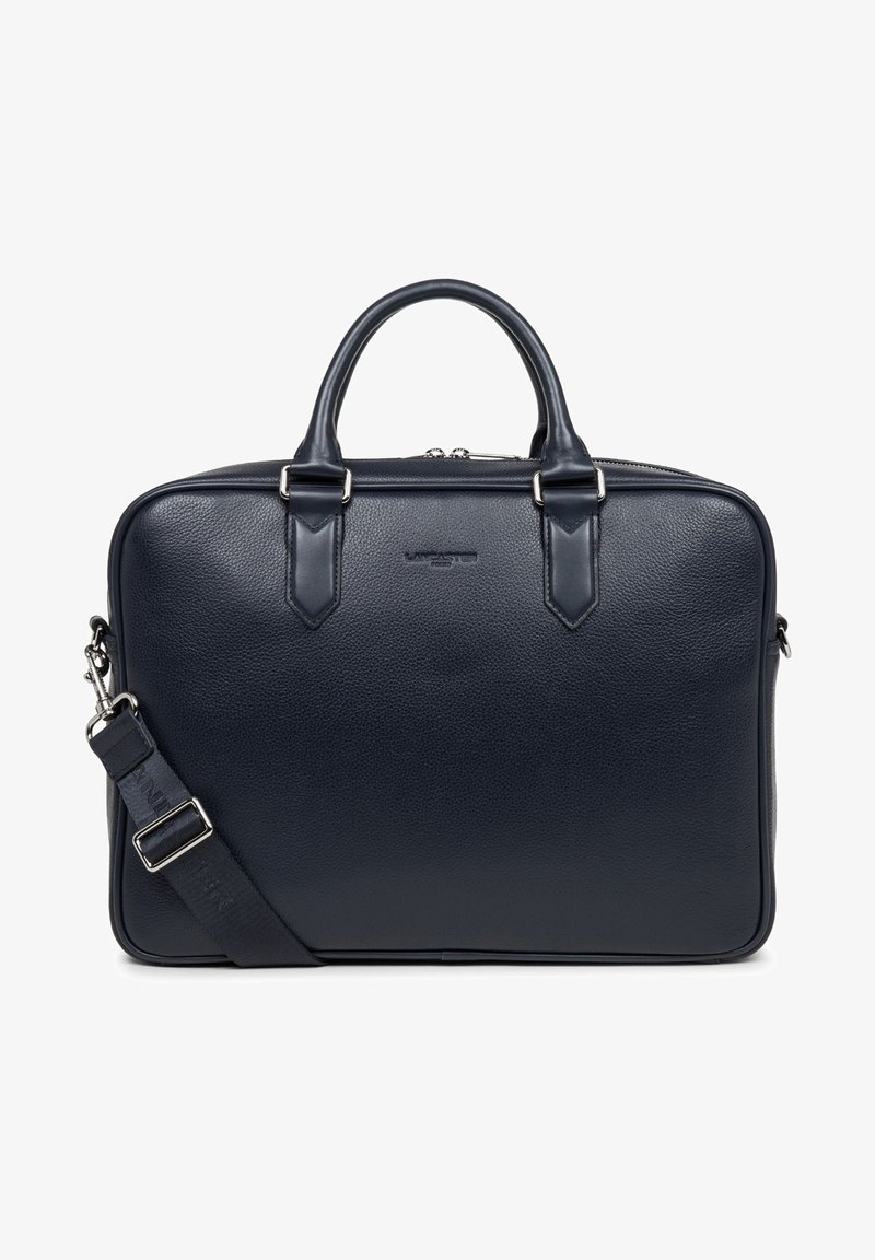 Navy leather laptop bag with a textured finish, dual handles, detachable shoulder strap, and metal zipper closure.