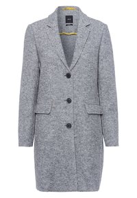 Szary płaszcz z mieszanki wełny z klapami z wycięciem, trzema guzikami i dwoma przednimi kieszeniami. Teksturowana powierzchnia z czystą, dopasowaną sylwetką.