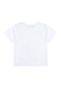 T-shirt bianco in cotone con maniche corte, scollatura rotonda e vestibilità morbida. Nessun motivo o grafica visibile sul retro.