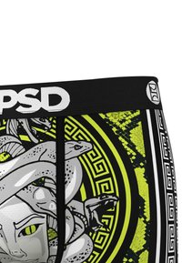 Ropa interior negra de PSD con un vibrante diseño gráfico en verde y negro que presenta motivos de serpiente y rostro, tejido texturizado y cinturilla elástica.