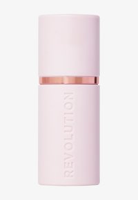 Rosa zylindrische Flasche mit einer glatten, matten Oberfläche, ausgestattet mit einem roségoldenen Metallband und erhabenem Text mit der Aufschrift "REVOLUTION" an der Seite.
