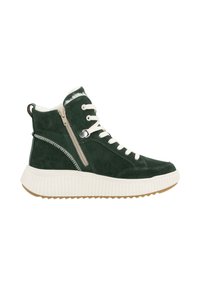Baskets montantes en suede vert avec une semelle en caoutchouc blanche, dotées d'une fermeture éclair sur le côté, de lacets blancs et d'une doublure douce et texturée en haut.