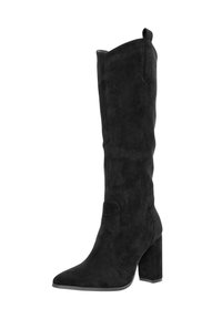Botas de ante negras hasta la rodilla con puntera afilada, tacón cuadrado y detalle de costura decorativa a lo largo del eje.