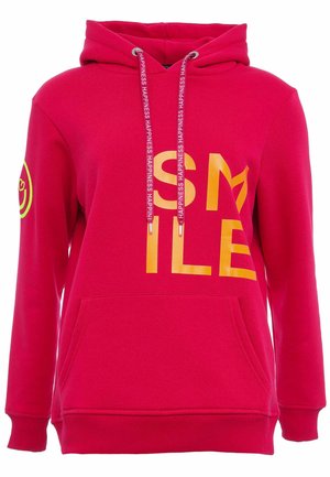Fuchsia Kapuzenpullover mit Fronttasche, Kordelzügen und einem großen gelben "SMILE"-Druck. Mit einem lächelnden Logo auf dem linken Ärmel.