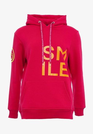 Fuchsia hoodie met een voorzak, trekkoorden en een grote gele "SMILE" print. Heeft een glimlachend logo op de linkermouw.