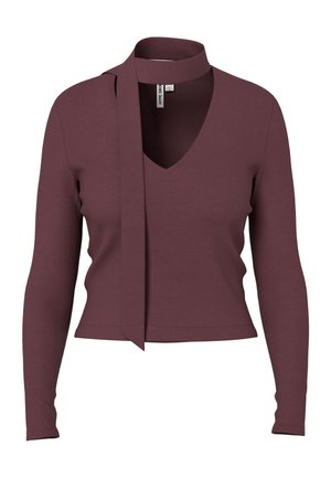 Krótki top z długim rękawem w ciemnym kolorze mauve z dekoltem typu V i przymocowanym szalikiem wokół szyi.