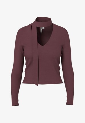 Langærmet cropped top i mørk mauve med V-hals og tilknyttet tørklædedetalje omkring halsen.