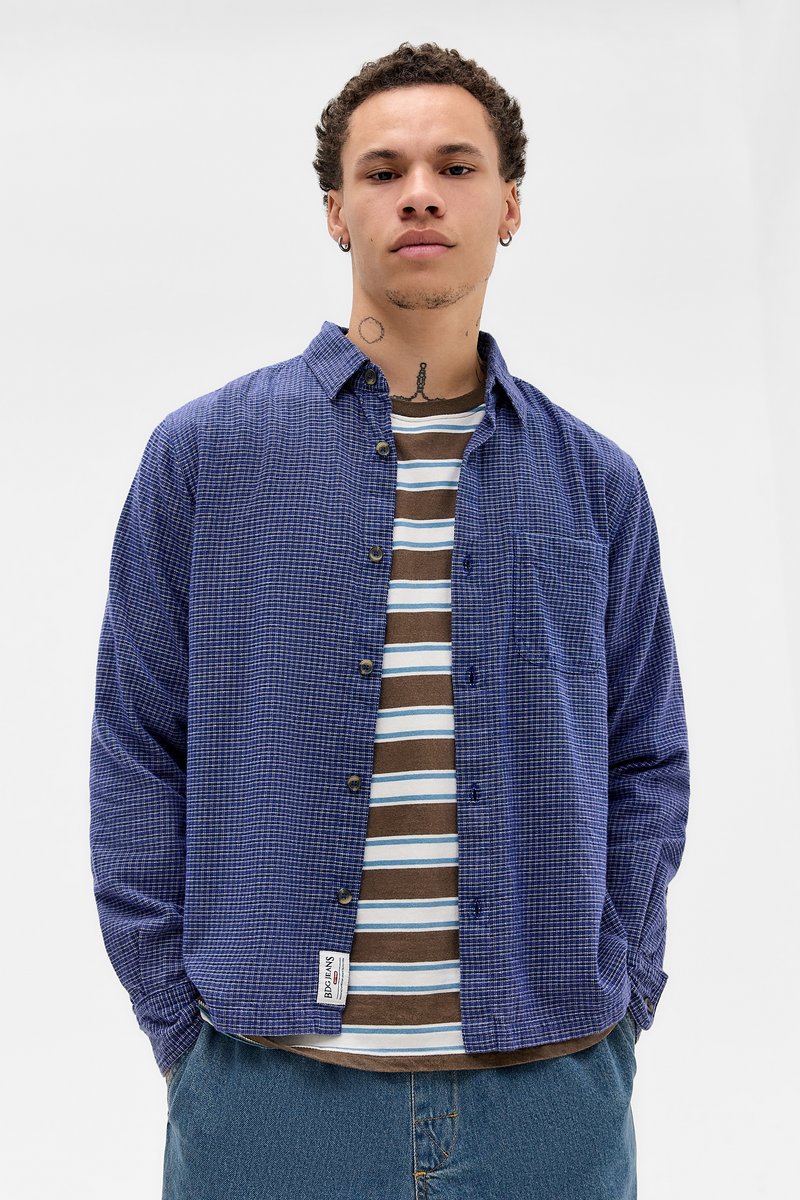 Μπλε καρό πουκάμισο με κουμπιά και γιακά, φορεμένο πάνω από καφέ και ριγωτό μπλουζάκι, συνδυασμένο με μπλε τζιν παντελόνι.