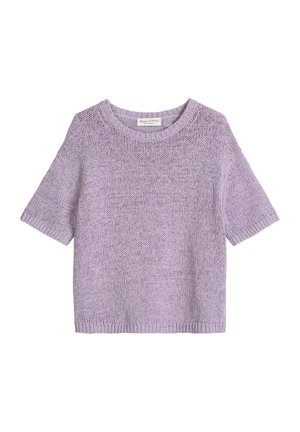 Pull en tricot à manches courtes couleur lavande avec col rond et bords côtelés, étiquette "Marc O'Polo".