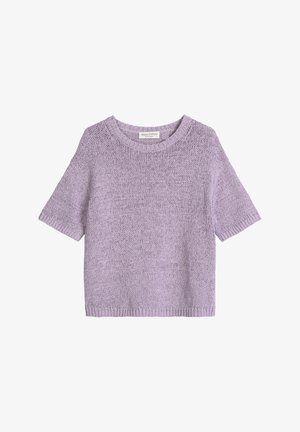 Pull en tricot à manches courtes couleur lavande avec col rond et bords côtelés, étiquette "Marc O'Polo".