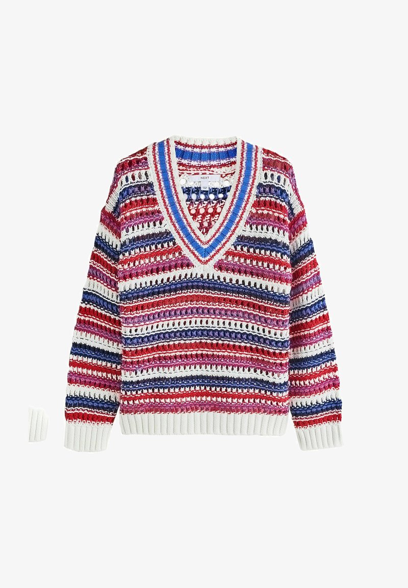 Pull en crochet à col en V avec des rayures horizontales en blanc, rouge, bleu et violet, présentant un motif ajouré et des poignets et ourlet côtelés.