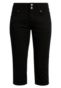 Jeans negros recortados con corte recto, con una cintura alta, dos cierres de botón plateados y bolsillos frontales para mayor funcionalidad.