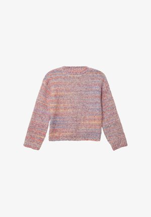 Strickpullover in mehrfarbigem Pastellstreifen, mit Rundhalsausschnitt und langen Ärmeln sowie gerippten Bündchen und Saum. Weicher, strukturierter Stoff.