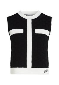 Black sleeveless top with a textured woven design, featuring white accents, two front pockets, and a ribbed neckline and hem.