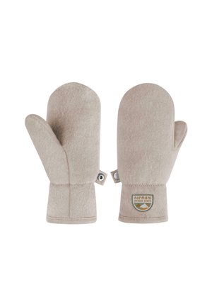 Beige Fleece-Handschuhe mit Daumenabschnitten, Druckknopfverschluss an den Handgelenken und einem Logo-Patch "normani Outdoor Sports" auf dem rechten Handschuh.