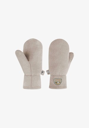 Beige Fleece-Handschuhe mit Daumenabschnitten, Druckknopfverschluss an den Handgelenken und einem Logo-Patch "normani Outdoor Sports" auf dem rechten Handschuh.