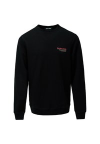 Sudadera negra de mezcla de algodón, con cuello redondo, mangas largas y un pequeño logotipo rojo en el pecho. Con puños y bajo acanalados.
