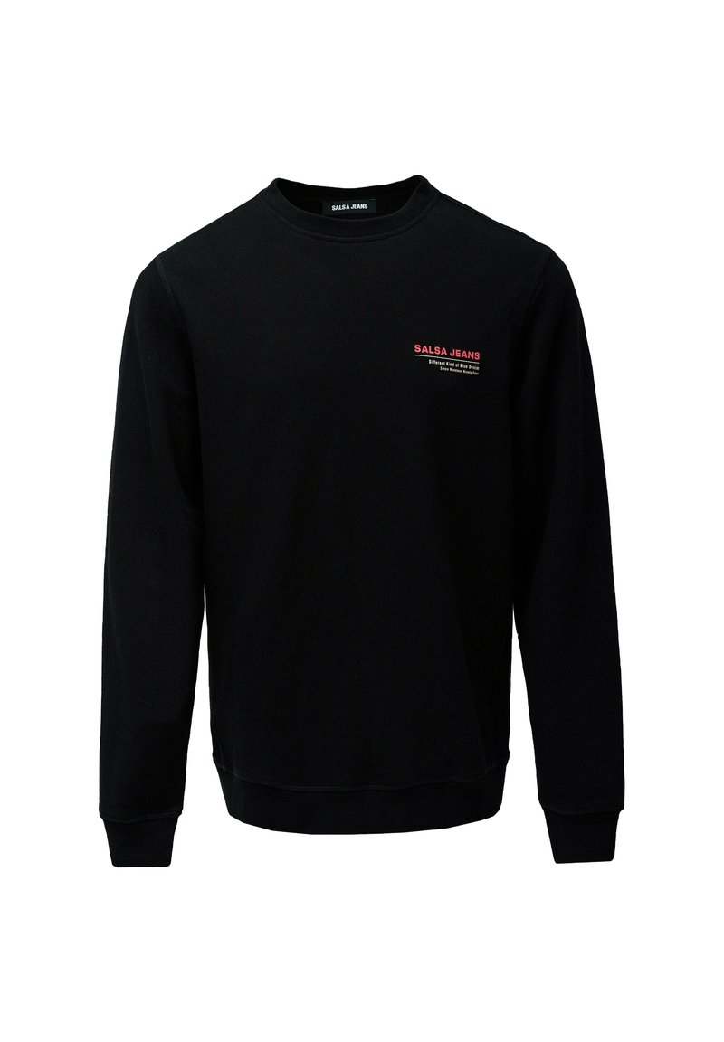 Sudadera negra de mezcla de algodón, con cuello redondo, mangas largas y un pequeño logotipo rojo en el pecho. Con puños y bajo acanalados.