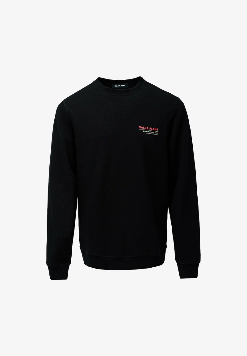 Sudadera negra de mezcla de algodón, con cuello redondo, mangas largas y un pequeño logotipo rojo en el pecho. Con puños y bajo acanalados.