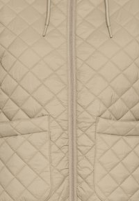 Bež prešita jakna z zadrgo spredaj in dvema velikima žepoma, izdelana iz gladkega, lahkega blaga z dekorativnimi šivi.