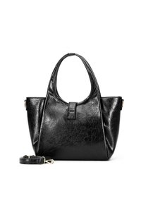 Sac à main en cuir noir avec une surface texturée, des anses arrondies et une bandoulière amovible, doté d'une fermeture centrale à crochet.