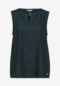 Ciemnozielony top bez rękawów z dekoltem typu keyhole, luźnym krojem i srebrnym zdobieniem na dole. Miękka, gładka tekstura tkaniny.