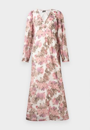 Lang blomstret kjole med rosa, lilla og beige blomster, lange puffete ermer, V-hals og knappelukking foran.