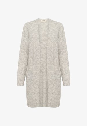 Pitkä, avoin etuosa neuletakki vaaleanharmaasta neulemateriaalista, jossa on kaksi etutaskua ja ribattu hihansuu lisätekstuuriksi.