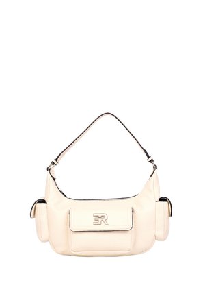Borsa a tracolla in pelle bianca con tasca frontale a pattina e tasche laterali, caratterizzata da un logo "ER" argentato e una maniglia a tracolla singola.