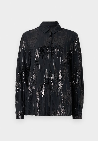 Black button-up shirt made of fabric adorned with sequins, featuring a collar and long sleeves, with a shimmering, textured pattern.